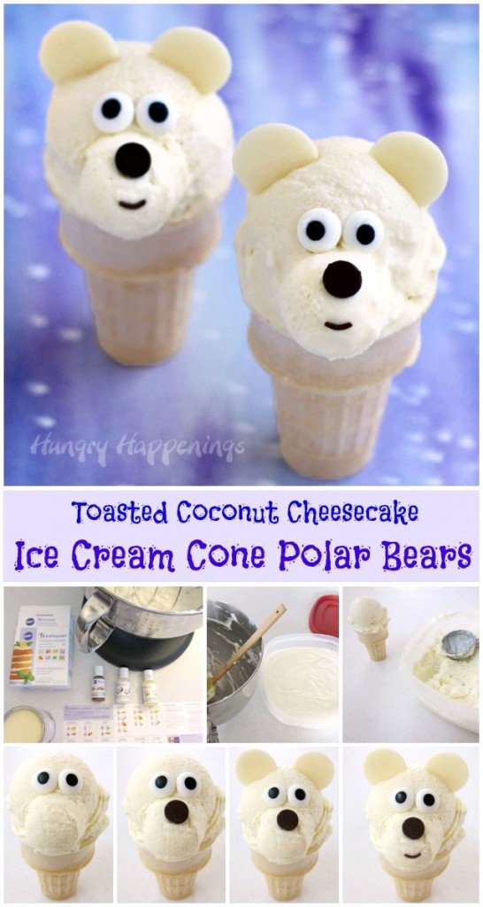 Learn how easy it is to make homemade Toasted Coconut Cheesecake Ice Cream and use it to create these cute Ice Cream Cone Polar Bears. Recipe and instructions at HungryHappenings.com.