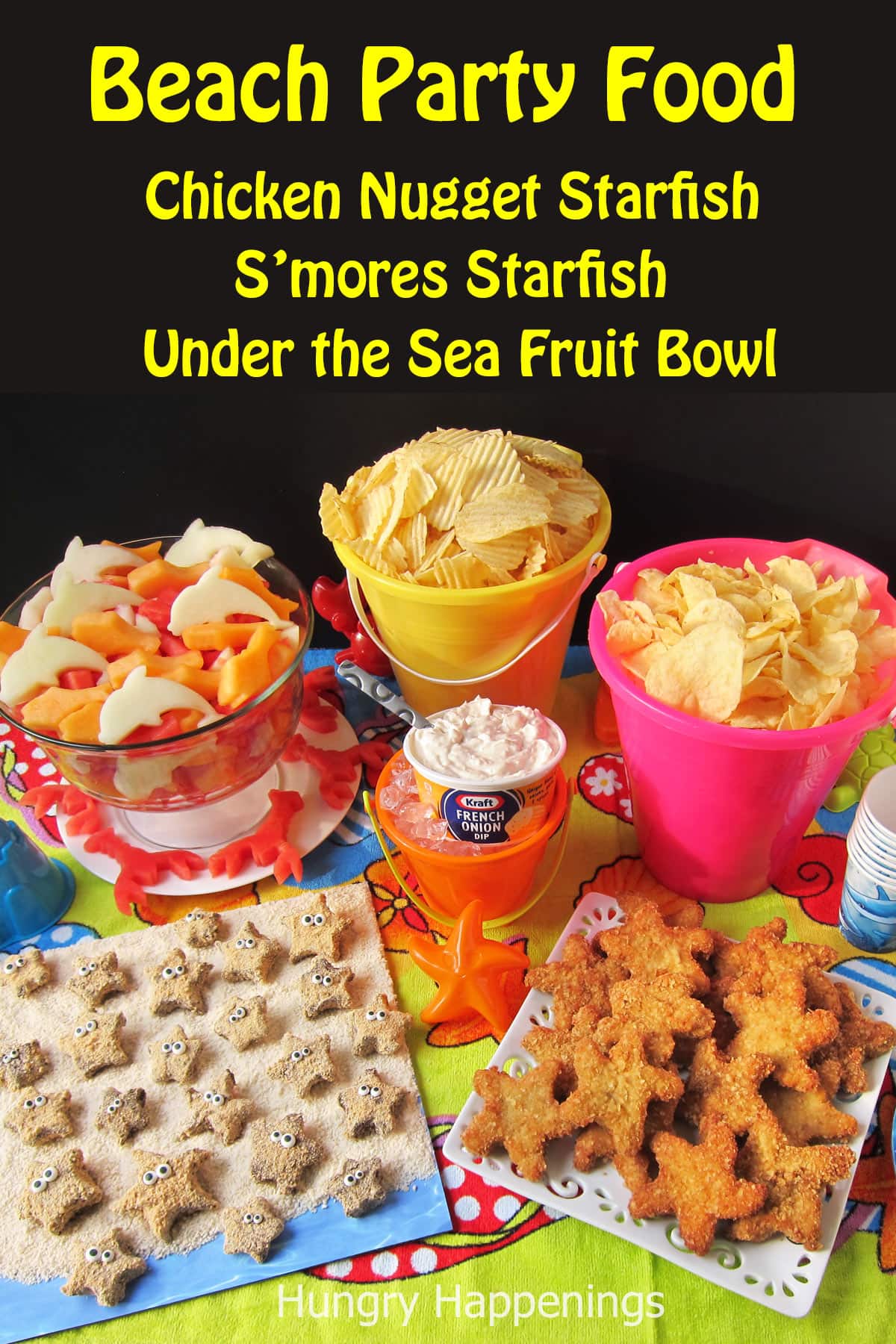 beach party food including chicken nugget starfish, under the sea fruit bowl, and starfish s'mores.