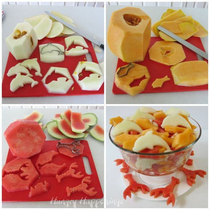 It's so easy to turn an ordinary fruit bowl into something fun for a beach or pool party by cutting fish, dolphin and lobster shapes out of melon.