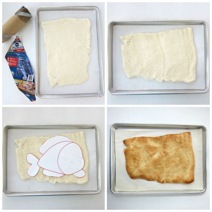 Roll out the Pillsbury Pizza Crust onto a parchment paper-lined baking sheet so that the fish template fits then bake until golden brown. 