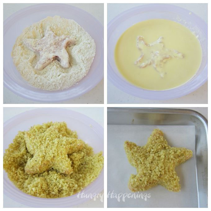 How to make fried chip and dip chicken patties shaped like starfish for a beach party. Recipe at HungryHappenings.com