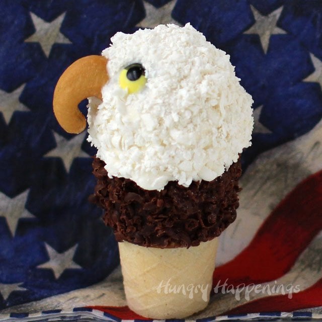 Create your own awe inspiring eagles for your July 4th celebrations our of ice cream. These Mini Ice Cream Cone Eagles coated in shredded candy melts are sure to be the hit of your patriotic party.