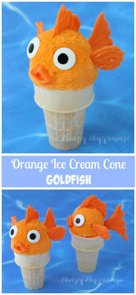 Brightly colored orange ice cream makes the perfect base for making these cute goldfish ice cream cones and you don't need a machine to make it at home.