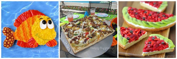 Make a splash at your pool party by serving a fun Fruit Pizza Fish, a Strawberry Kiwi Fruit Pizza Watermelon, and Grilled Veggie Pizzas. 