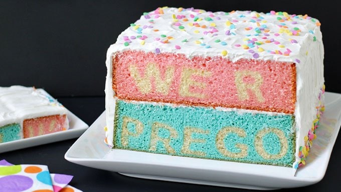 Reveal your pregnancy to your loved ones by sharing a We R Prego Reveal Cake. Cut into the cake to reveal the surprise.