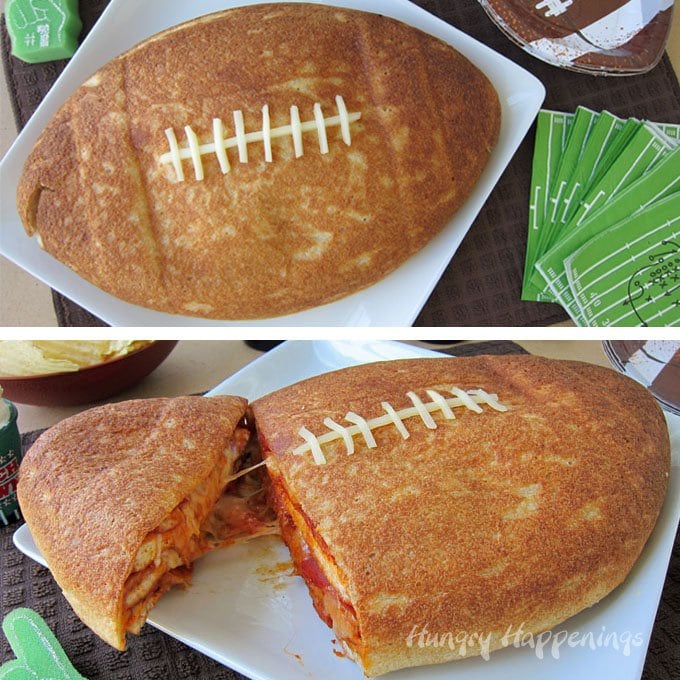 Cut into this Football Pizza Cake to reveal layers of pizza crust, sauce, cheese, and pepperoni. Football fans are gonna love this fun appetizer. 
