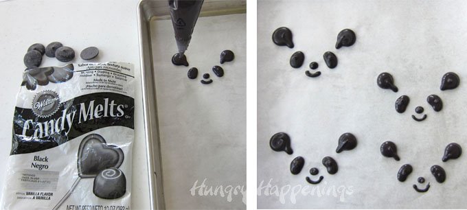 Use black Candy Melts to make ears, eyes, nose and mouth for Ice Cream Cone Panda Bears. 