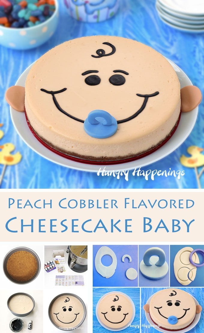 Wow your family and friends at your baby shower by serving this cute Peach Cobbler Flavored Cheesecake Baby. It tastes as sweet as it looks. Tutorial at HungryHappenings.