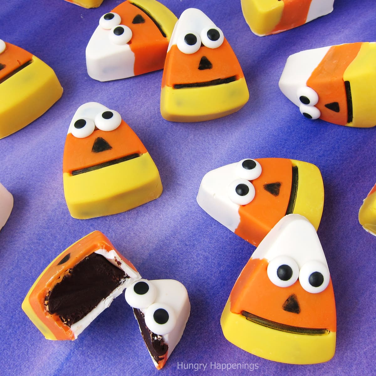 candy corn truffles with smiley faces. 