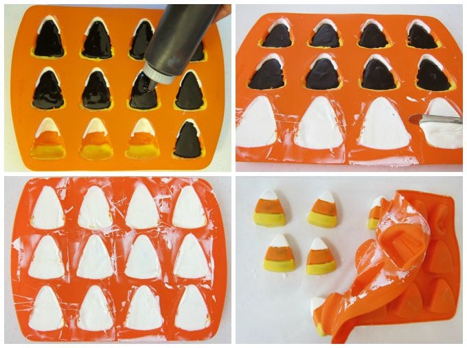 piping chocolate ganache into the white chocolate candy corn shells.