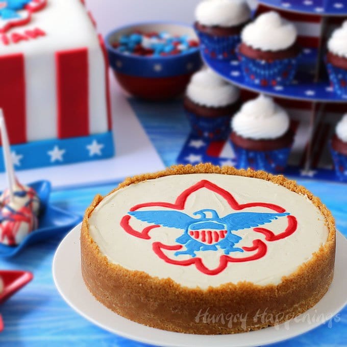 A great dessert idea for an Eagle Scout Ceremony, this decorated Eagle Scout Cheesecake is easy to make using a piping gel transfer.