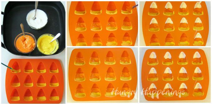 making hand-painted candy corn chocolates in a silicone mold using orange, yellow, and white candy melts. 