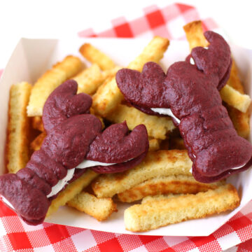 lobster-shaped red velvet whoppie pies served on pound cake french fries