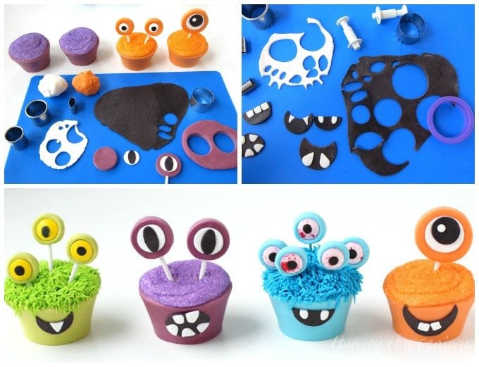 Use modeling chocolate to create edible cupcake wrappers, eyes, and mouths for these silly Cupcake Monsters for Halloween. Tutorial at HungryHappenings.com.