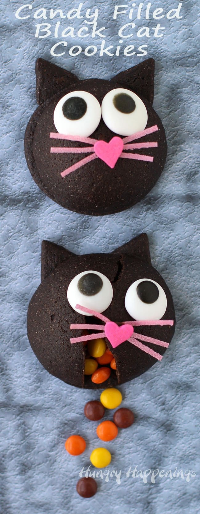 These wickedly cute Candy filled Black Cat Cookies make a purr-fect Halloween treat. See how you can make them at home. You'll find the tutorial at HungryHappenings.com.