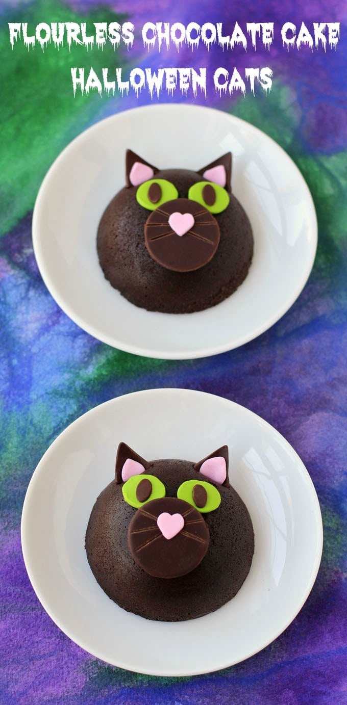 Flourless Chocolate Cake Halloween Cats will sweeten up your Halloween party. Cute enough for kids, but decadent enough for adults. 
