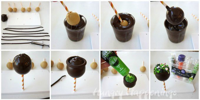 How to turn peanut butter fudge pops into cauldrons for Halloween. See the tutorial at Hungry Happenings.