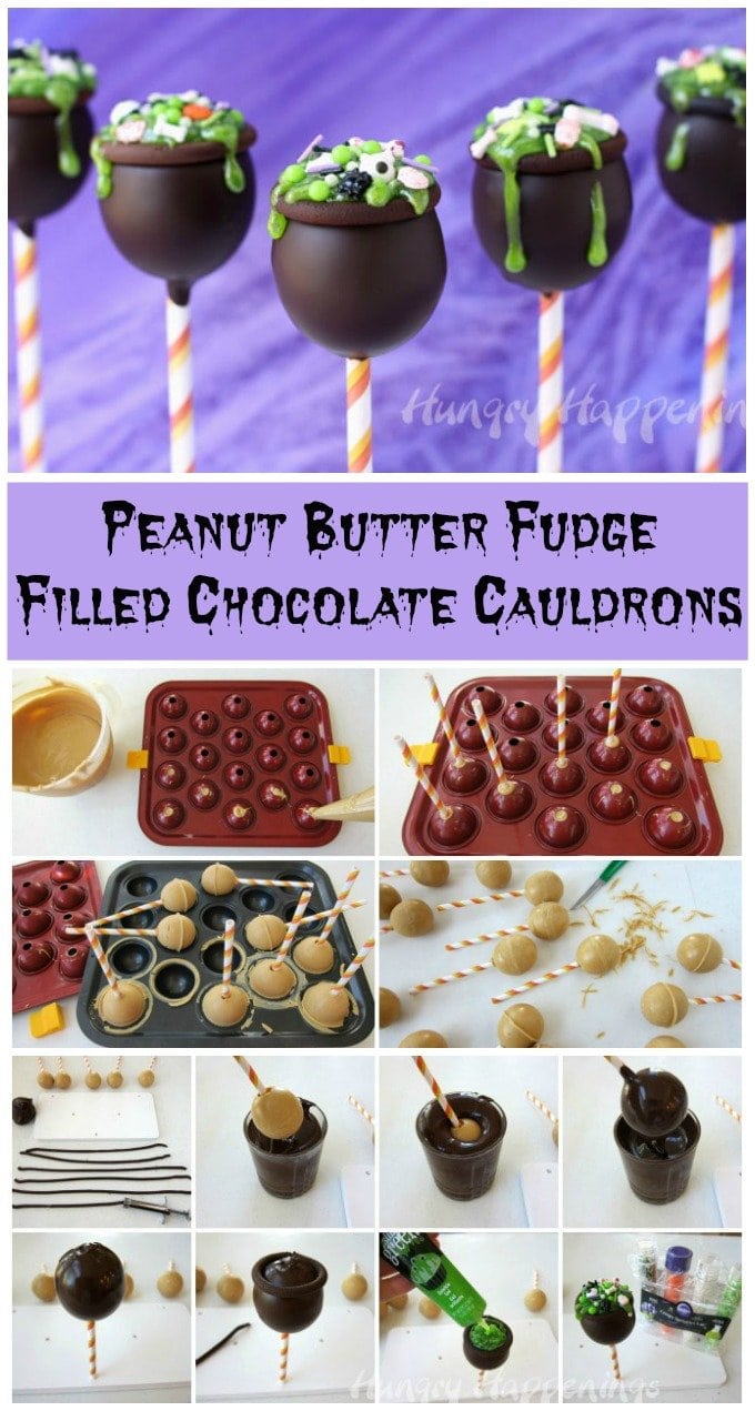 Conjure up some magic this Halloween by serving the most decadent Halloween treat you've ever made. These Peanut Butter Fudge Filled Chocolate Cauldrons are wickedly good. See the step-by-step tutorial at HungryHappenings.com.