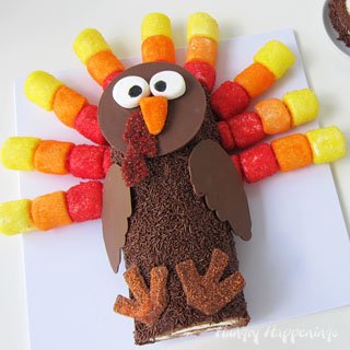 Add a pop of color to your Thanksgiving dessert table by serving a Chocolate Cake Roll Turkey decorated with brightly colored marshmallow pops, lots of chocolate sprinkles, and more.
