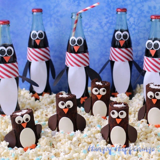 Host a penguin party this Christmas and serve adorable Coca-Cola Chocolate Cake Roll Penguins alongside some cute Penguin Coke Bottles.