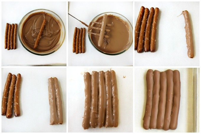 dipping pretzel dipping sticks into milk chocolate and arranging four of them in one grouping. 