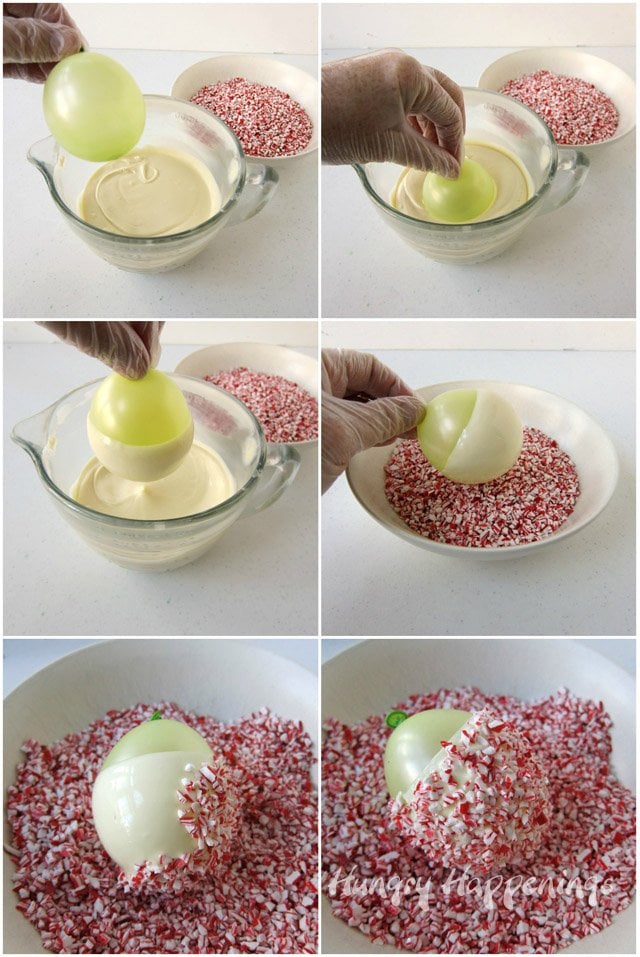 Dip balloons in white chocolate and roll in peppermint bits