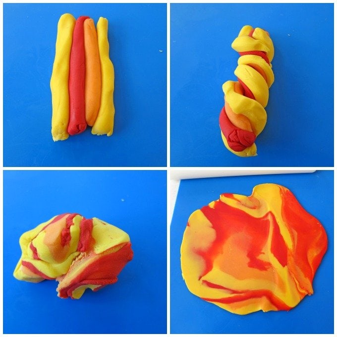 Marbleize yellow, orange, and red modeling chocolate to make tail feathers for Chocolate Turkey Pretzels.