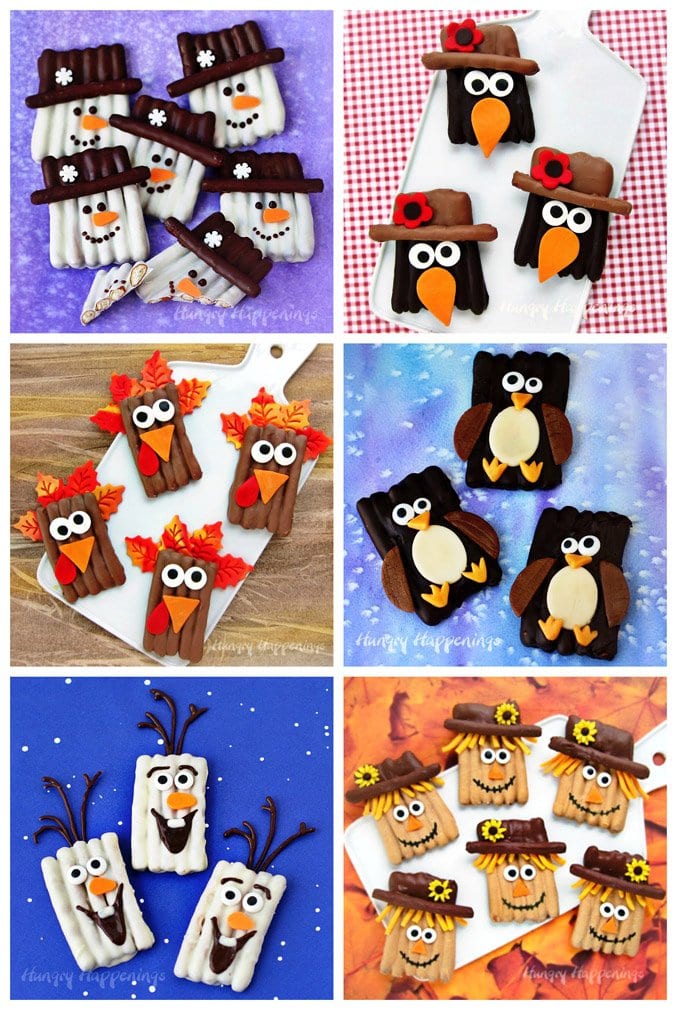 Dip pretzels in chocolate and decorate like snowmen, black crows, turkeys, penguins, Olaf, or scarecrows. See all the step-by-step tutorials at HungryHappenings.com.