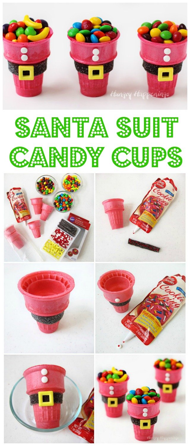 These Santa Suit Candy Cups are super easy to make using red ice cream cones and candy decorations. See the tutorial at HungryHappenings.com.