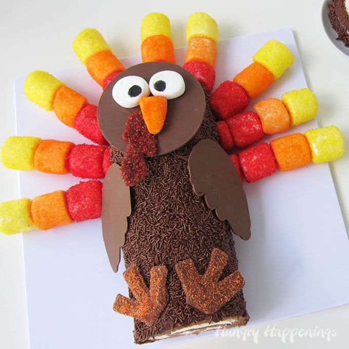 Have fun by decorating a chocolate cake roll with colorful marshmallow feathers and chocolate sprinkles to look like a turkey for Thanksgiving dinner. 