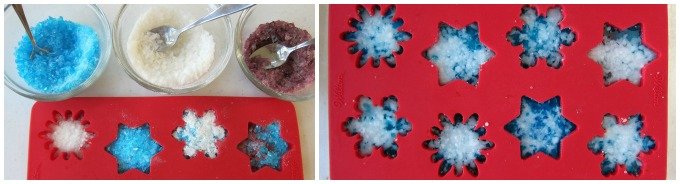 Layer white and blue crushed hard candy into a silicone mold to create beautiful hard candy snowflakes.