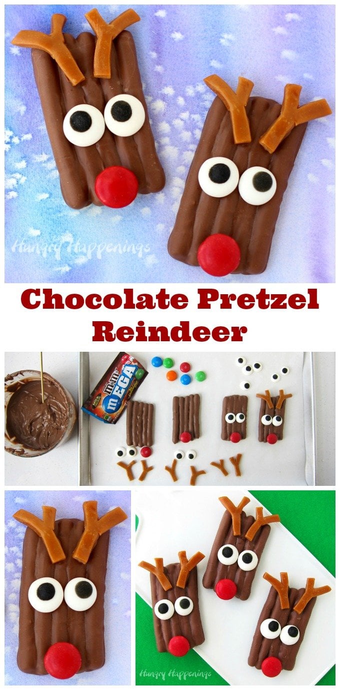 making chocolate pretzel reindeer using chocolate, dipping pretzels, Mega M&M's, candy eyes, and caramel. 