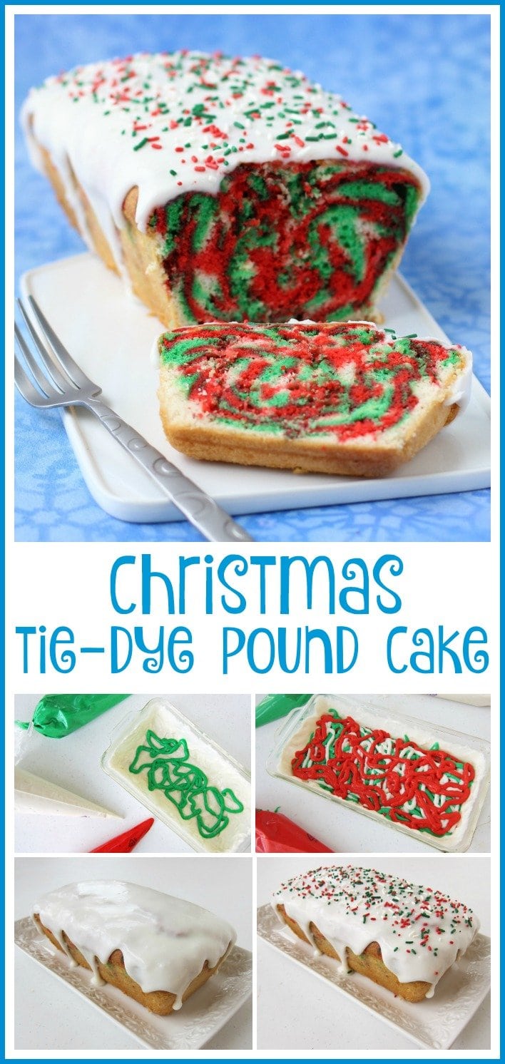 Cut into a slice of this Christmas Tie-Dye Pound Cake to reveal swirls of red, white, and green color. This cake is as fun to make as it is to eat. See how at HungryHappenings.com.