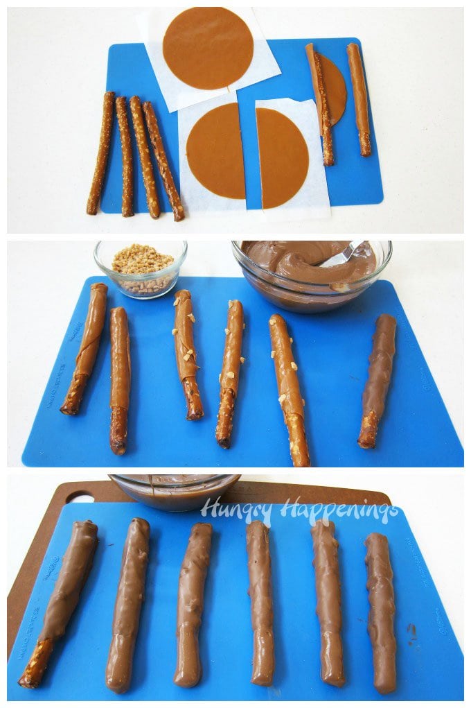 Wrap caramel apple sheets around pretzels, add toffee bits, then dip in melted chocolate. 
