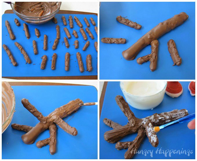 Turn chocolate dipped pretzels into tree branches. See how at HungryHappenings.com.