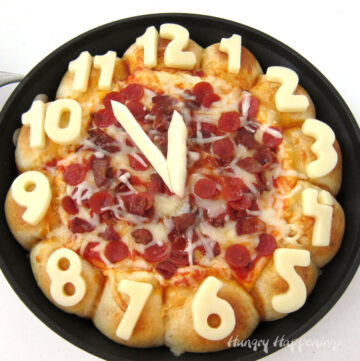 New Year's Eve appetizer - skillet pizza dip countdown clock