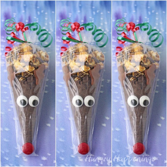 Turn chocolate waffle cones into Rudolph Cones then fill them with your favorite Christmas treat to give as gifts or party favors. 