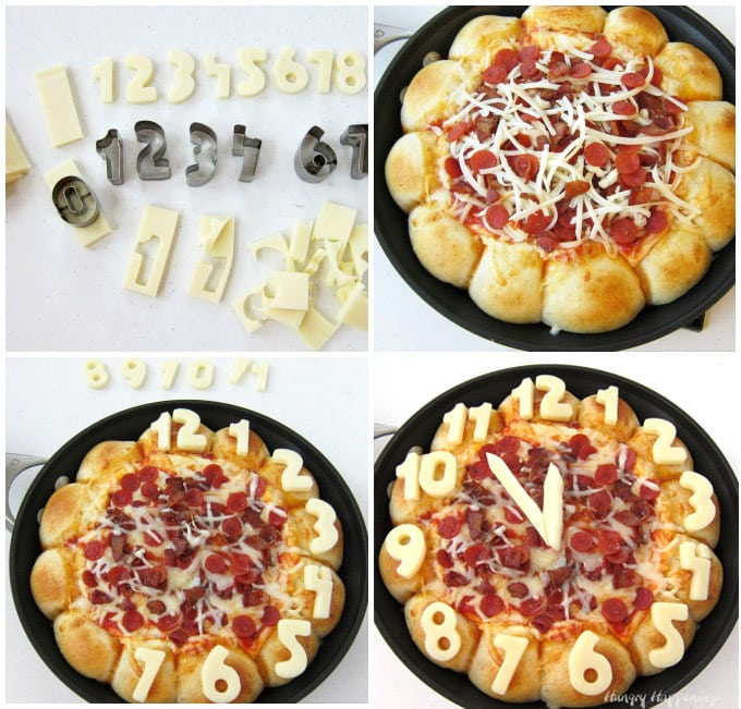 Cut numbers out of cheese then set them on the pizza crust around the skillet pizza dip to create a New Year's countdown clock.