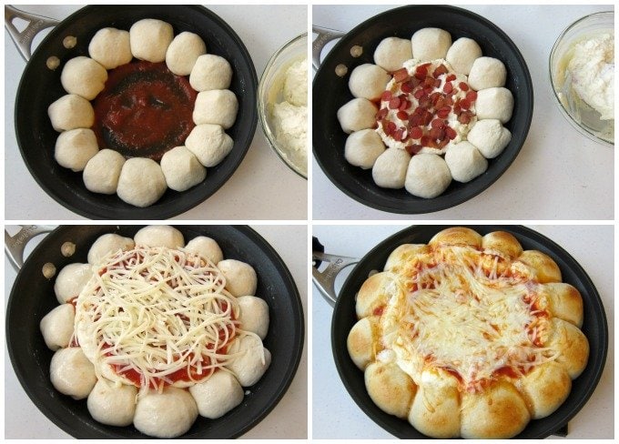 Line a skillet with cheese filled pizza dough balls and add a cheesy pizza dip in the center.