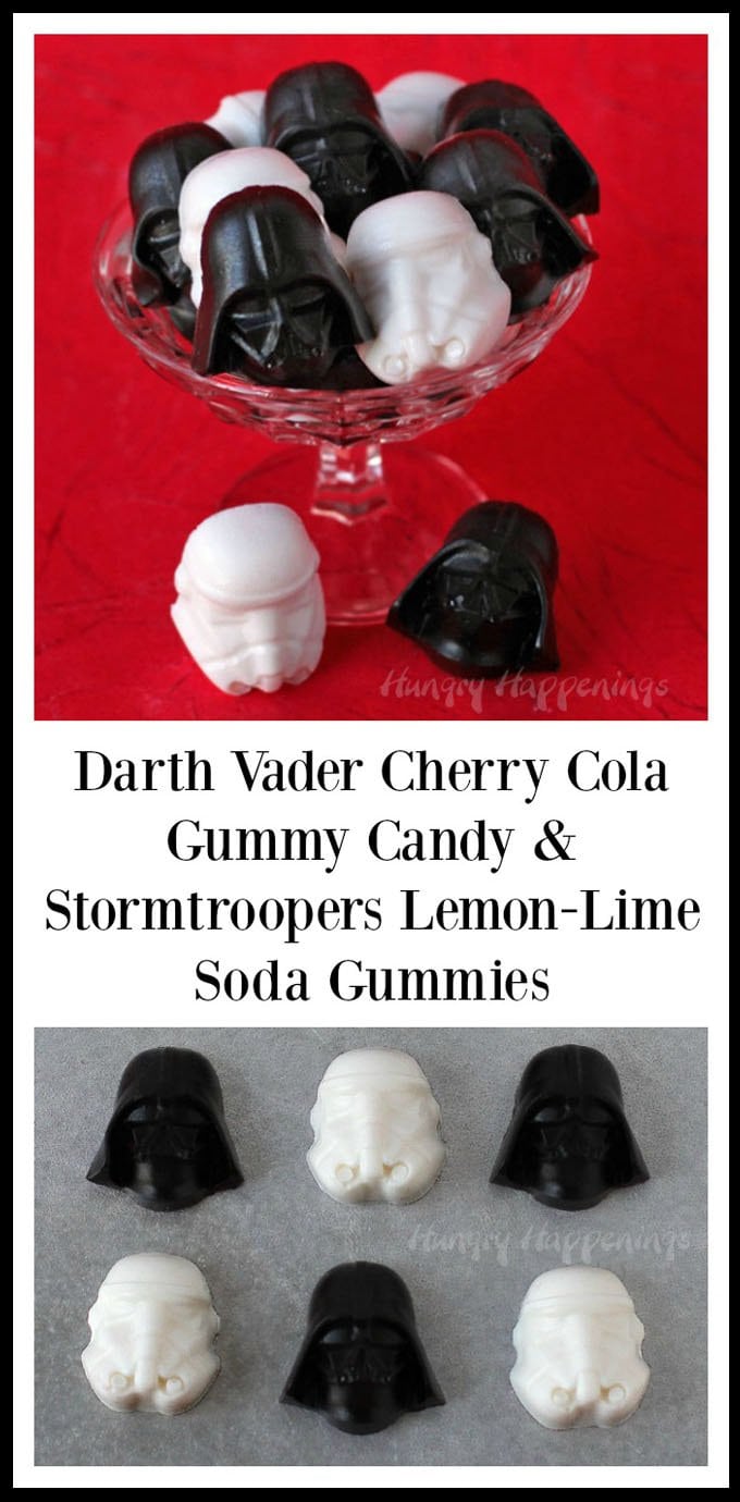 Who needs movie theater candy when you can make these fun Star Wars Treats for the big movie premier? These Darth Vader Cherry Cola Gummy Candies and Storm Trooper Lemon Lime Soda Gummy Candies will be the perfect snack to chew on while watching The Force Awakens.