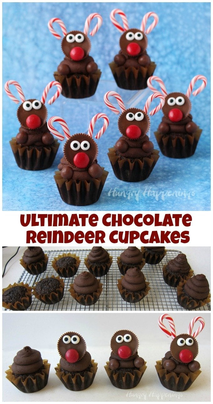 Decorate the ultimate chocolate cupcakes with peanut butter cup reindeer with candy cane antlers. See the tutorial at HungryHappenings.com.