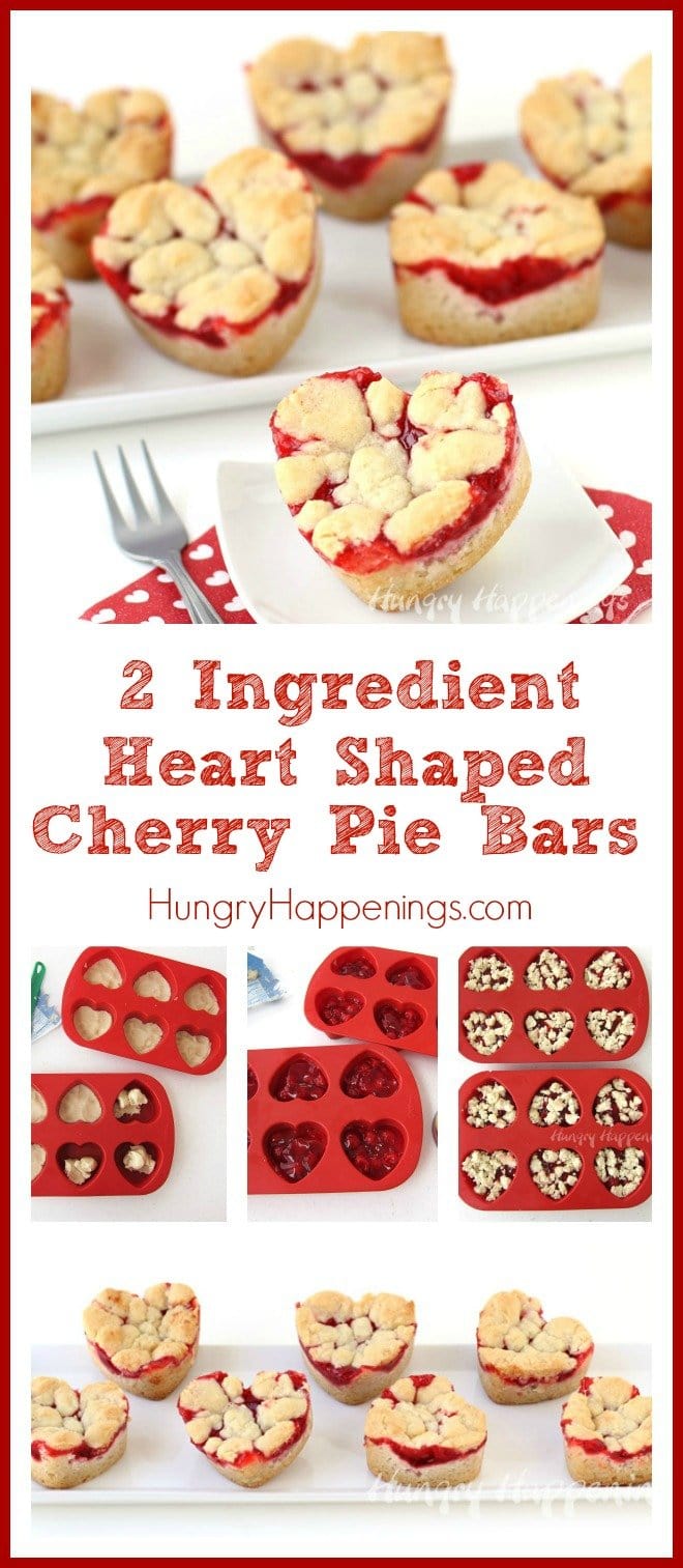 Grab some refrigerated cookie dough and a can of cherry pie filling and make these 2 Ingredient Heart Shaped Cherry Pie Bars. They are delightfully easy to make for Valentine's Day.