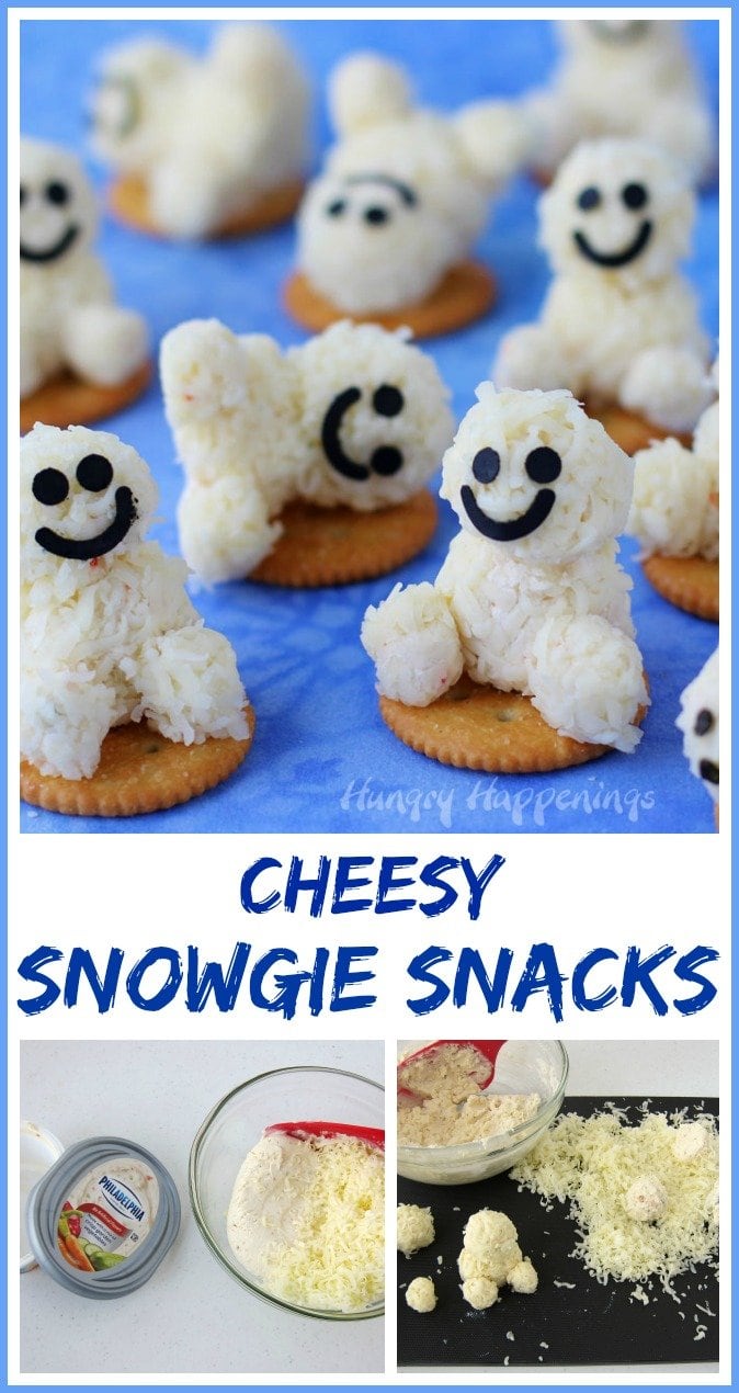 Cheesy Snowgie Snacks are so much fun to make and to eat and your kids are going to love them. They are perfect for a Frozen party or an afternoon snack. See how to make them at HungryHappenings.com