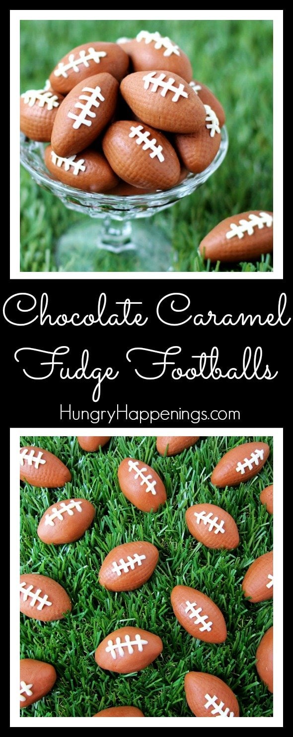 Get ready for the big game by throwing together two ingredients to make some Chocolate Caramel Fudge Footballs. These little treats are easy to decorate with white chocolate laces and will make the perfect snack for your Super Bowl party, tail gating party, or game watching event.