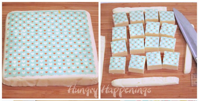 How to make white chocolate fudge decorated with Sugar Stamps. See the tutorial at HungryHappenings.com.