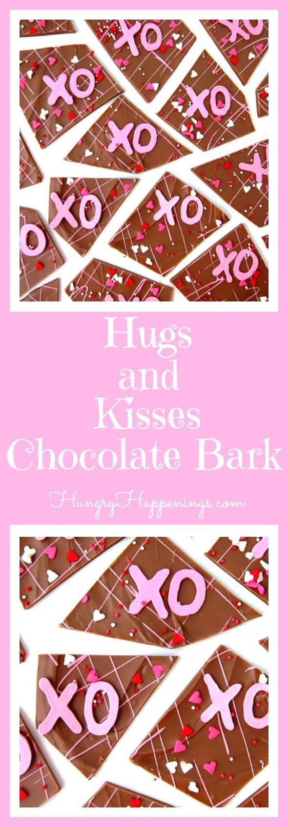 Show your loved ones how much you care by making them some Hugs and Kisses Chocolate Bark. This sweet milk chocolate bark is sprinkled with bright pink X's and O's and is a perfect Valentine's Day treat.