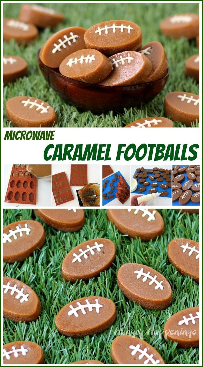 Easy Microwave Caramel Footballs with white chocolate laces will sweetened up your Super Bowl Party. See the recipe at HungryHappenings.com.
