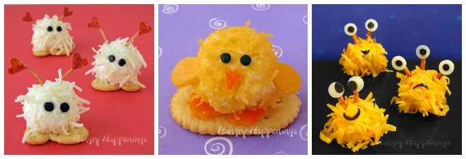 Turn mini cheese balls into Cheese Ball Warm Fuzzies, Cheese Ball Chicks or Cheese Ball Monsters to make your holidays more fun.