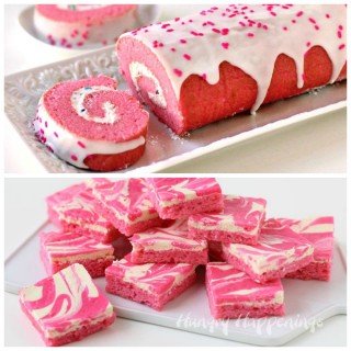 Add a punch of color to your dessert table by serving a bright Pink Velvet Cake Roll or a plate full of Pink Velvet Cheesecake Bars. Both of these pink desserts will sweeten up your Valentine's Day, brighten up a baby shower, or liven up a pot luck.