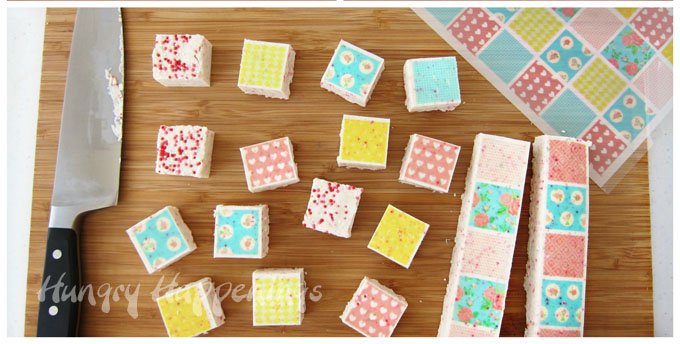 Add beautiful designs to the top of white chocolate fudge by using Sugar Stamps. See how at HungryHappenings.com.